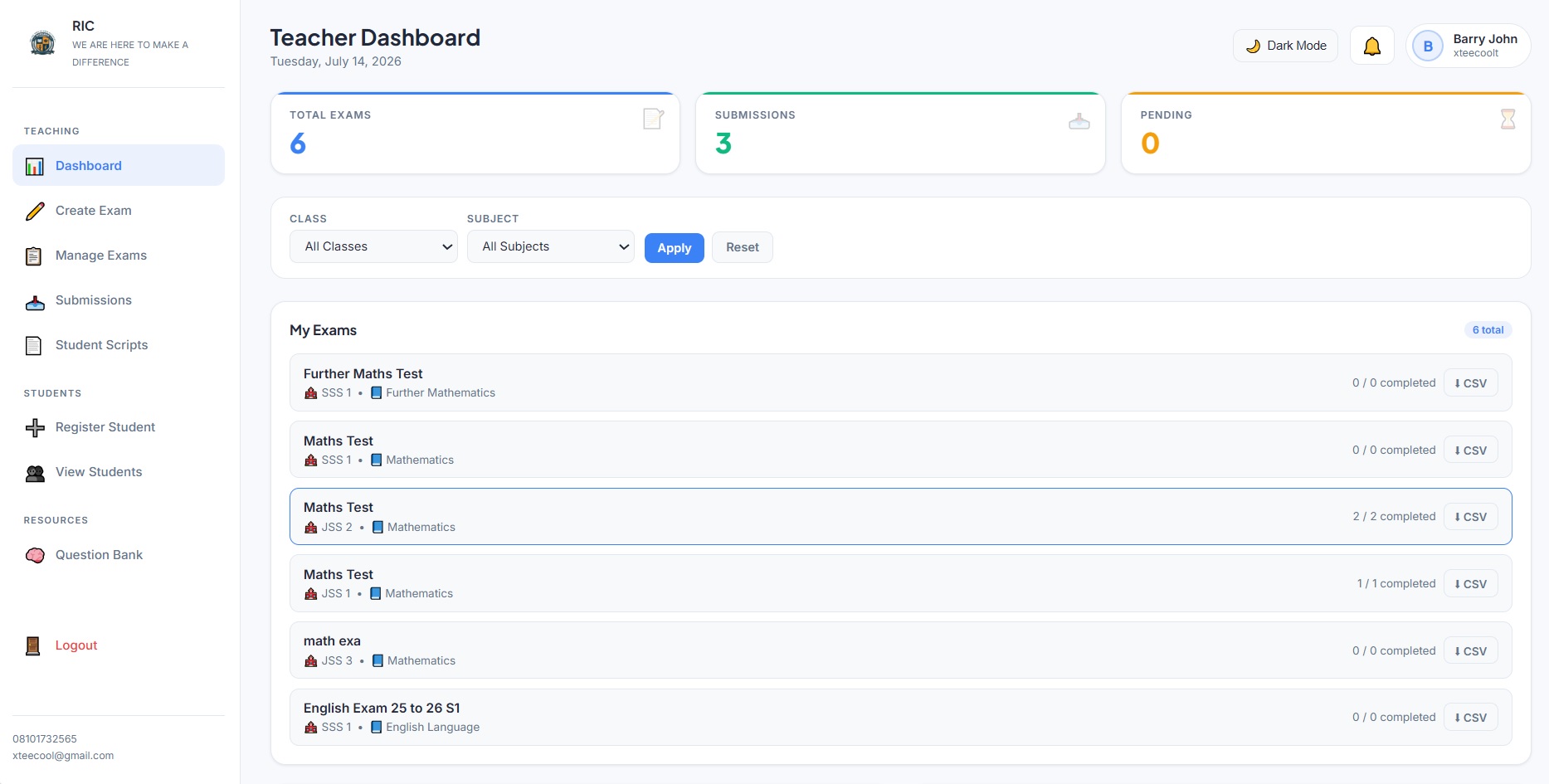 Teacher Dashboard